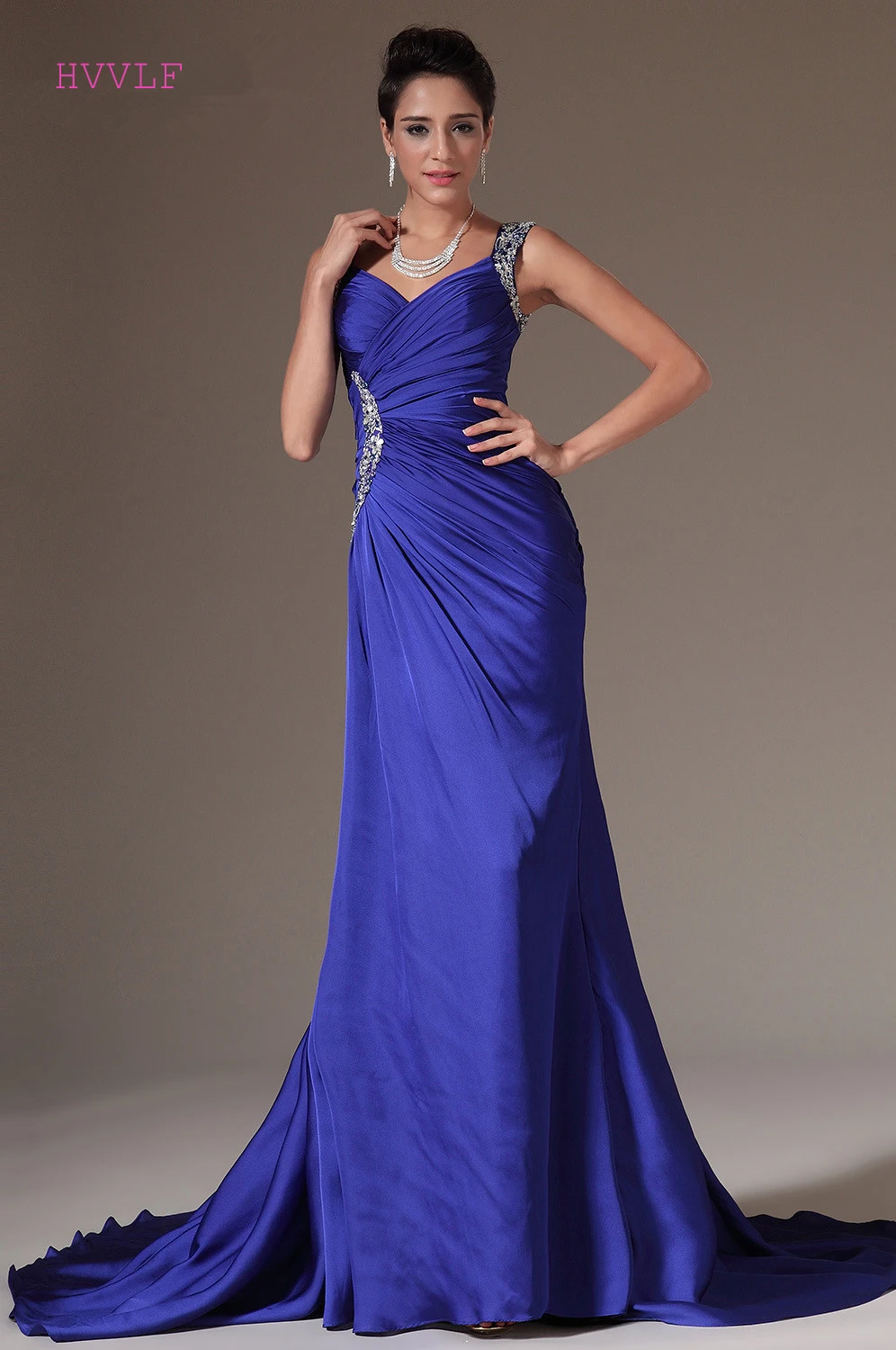 Royal Blue Evening Dresses 2019 Mermaid V neck Chiffon Beaded Backless