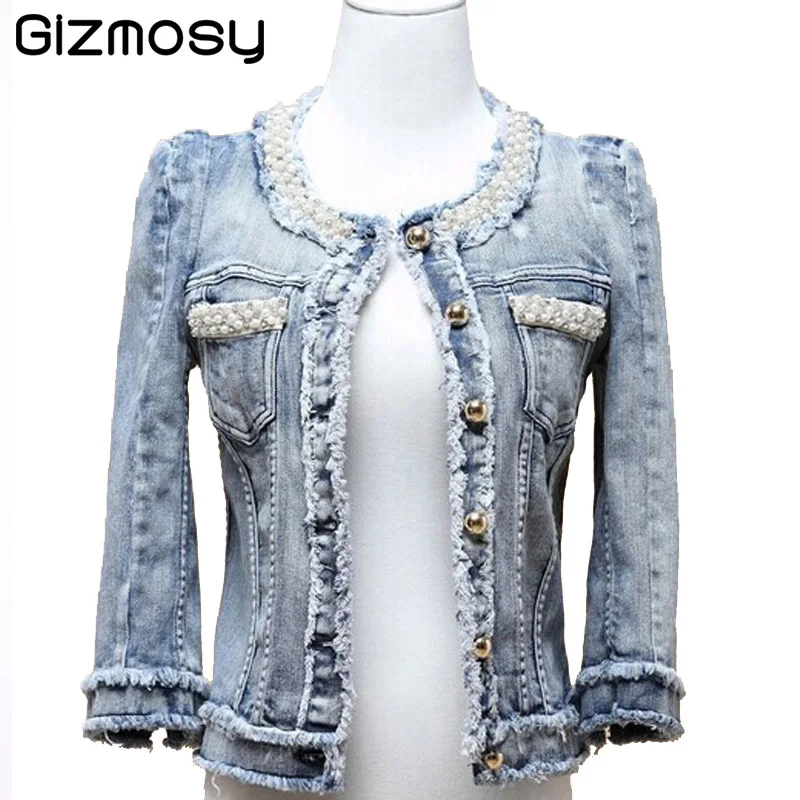 

Gizmosy New 2019 Small Short Outerwear Pearl Beading Causal Denim Outerwear Wowen's Jacket S,M,L,XL Free Shipping SY038