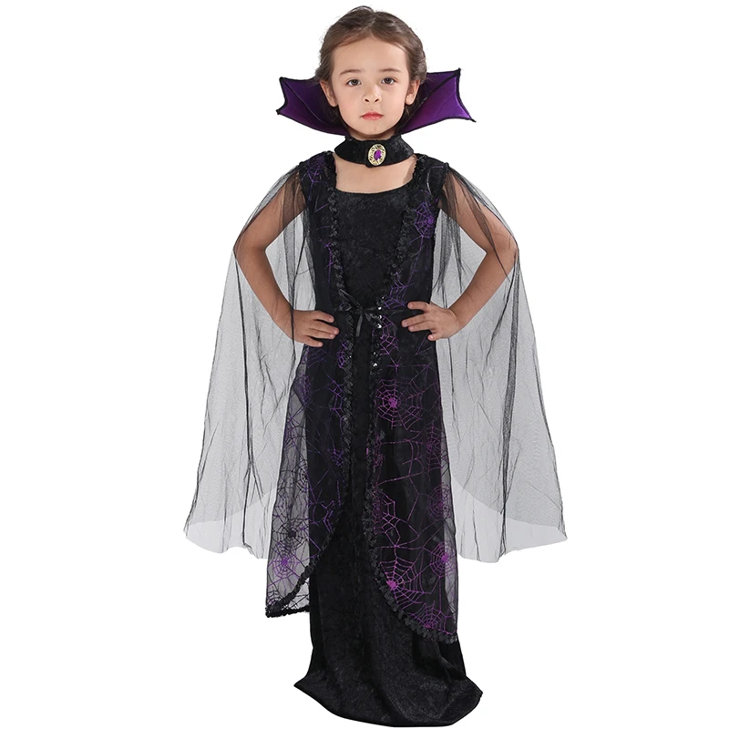 Koop Eraspooky 2018 Purple Spider Vampire Cosplay Meisjes Halloween kostuum voor kinderen Kant Cape Lange Jurk Carnaval Party Queen Kraag