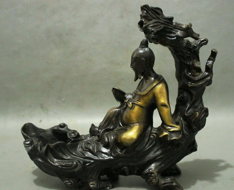 

China Bronze Gilt Old Man Chuang-Tzu Zhuang Zi Reading Book Under Tree Statue