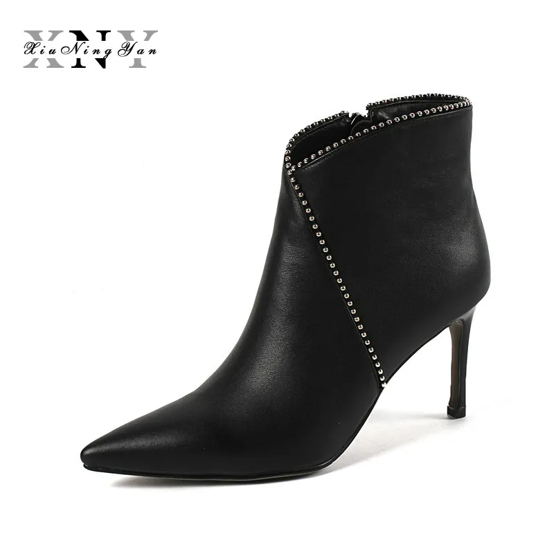

XiuNingYan Sexy Women Boots Genuine Leather Winter High Heels Ankle Boots Shoes Woman Fall Ladies Short Boots Zip Big Size 33-43