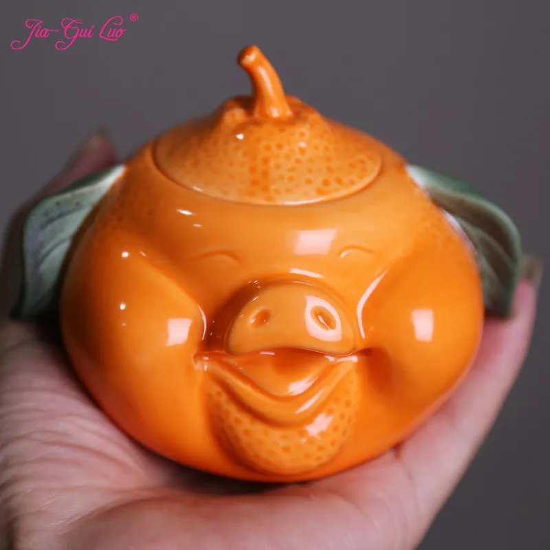 

JIA-GUI LUO Ceramic Pig orange style tea box Dried fruit storage cans Sealed bottle Tea Accessories Pu'er collection gift D070