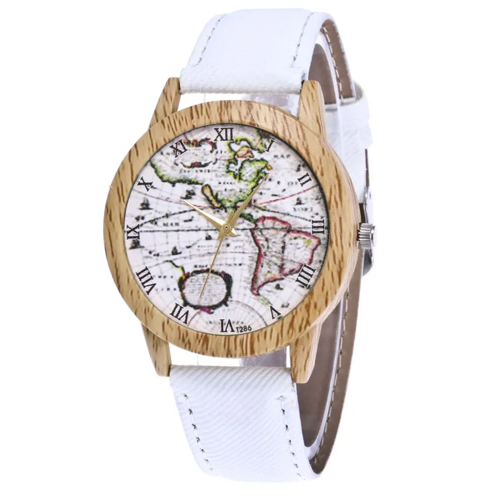 

Men Quartz Watch High-quality Brand Beneficial Wooden Dial World Map Printing Leather Strap Vintage Digital Wrist Watch