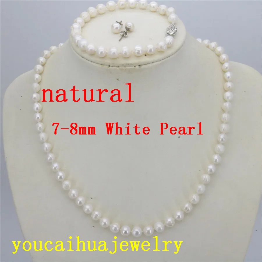 Новинка 7-8 мм настоящий белый культивированный жемчуг ожерелье браслет серьги наборы для женщин ювелирные наборы Бусы натуральный камень MY4289