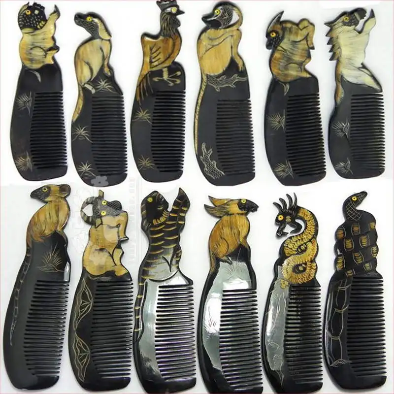 

L001 Natural Black Buffalo Carved Chinese 12 Zodian Animals Comb Heathy Gift Combs 12pcs set free ship