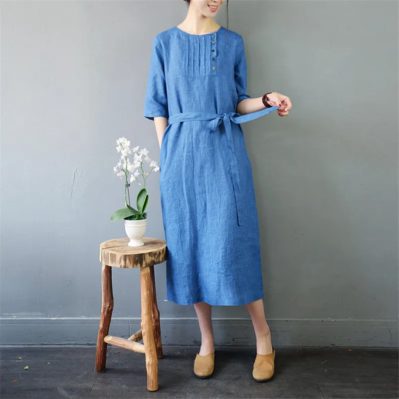 SCUWLINEN 2019 женское винтажное летнее платье с круглым вырезом коротким рукавом