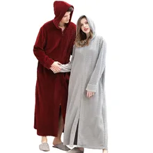 Men's Bathrobe with Hooded Flannel Winter Warm Long Robes Couples Fleece Zipper Kimono Male Bath Robe 2019 New Lounge wear