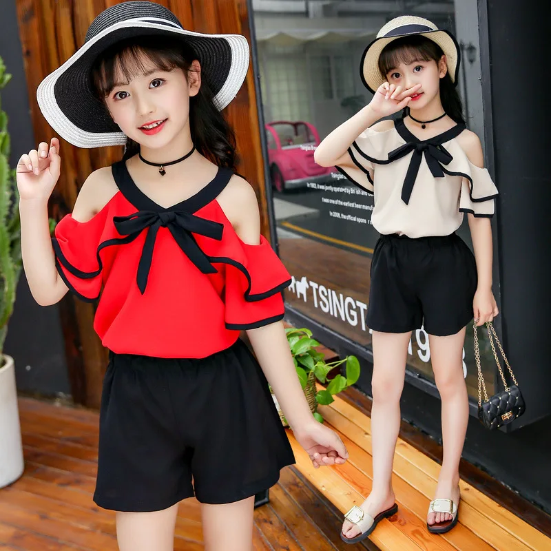 

4 5 6 8 10 12 14 ages Girl Clothing Set 2018 Summer Baby Child V-neck Strapless T-shirt + Black Shorts Kids Set