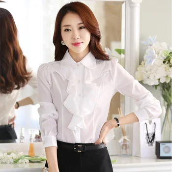 

New Arrival Sale Chiffon Long Sleeve female blouse Shirt Fashion Ruffles Ladies White Black Office Blouses Women Clothes