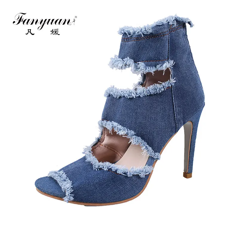 

Fanyuan Rome Gladiator Sandales women Summer high Heels Ankle Boots sexy Peep toe lady Evening Hollow Zipper shoes Denim Sandals