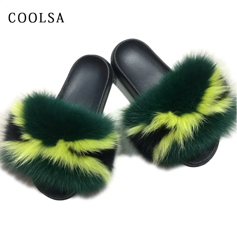 

Fashion Women Slippers Furry Fox Fur Slides Mixed Color Fur Flip Flops Fluffy Plush House Shoes Female Cute Winter Warm Slippers