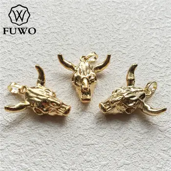 

FUWO Lovely Small Bull Skull Head Pendant With Gold Trimmed Resin Longhorn Cattle Charm Findings For Jewelry Making PD215