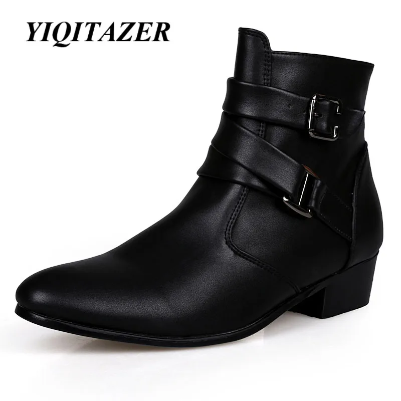 YIQITAZER/Новинка года; модные мужские ботинки в байкерском стиле на резиновой подошве; ковбойская обувь из искусственной кожи с острым носком; мужские военные ботинки; цвет черный, белый