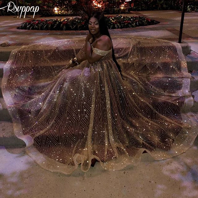 

Long Sparkly Glitter Prom Dresses 2019 V-neck Cap Sleeve Elegant Golden Sequin African Plus Size Girl Prom Dress