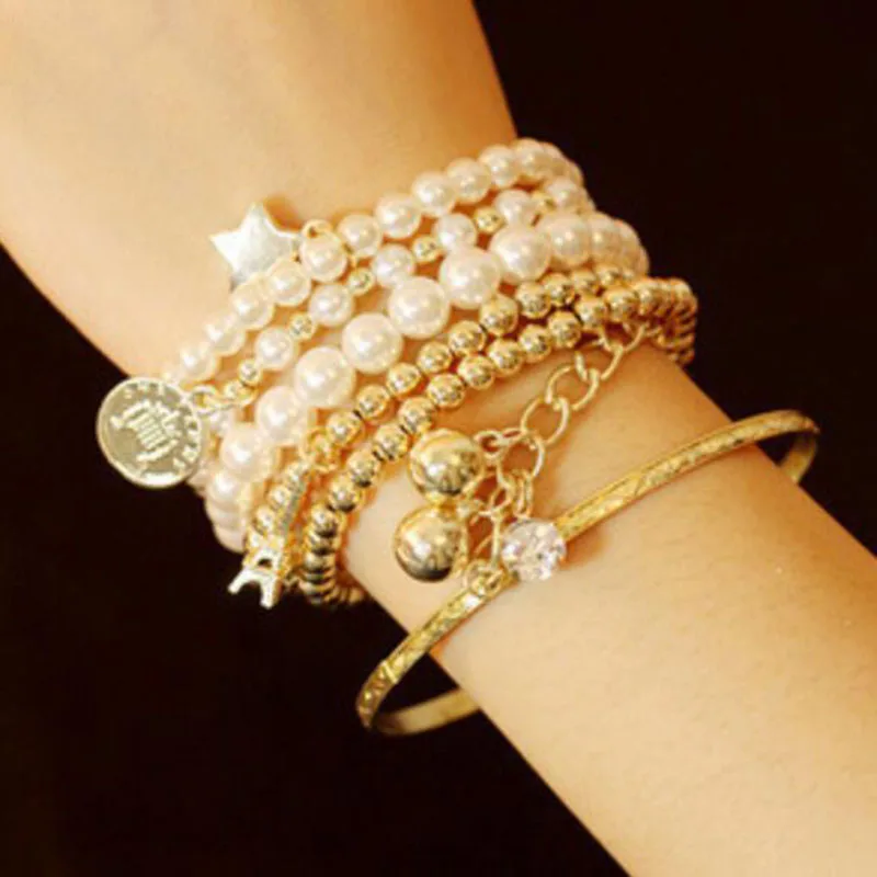 

2019 Hot Sale Pearl Of The Eiffel Tower Multilayer Female Bracelets Jewelry Fashion Vintage Pearl Coin Combination Bracelets