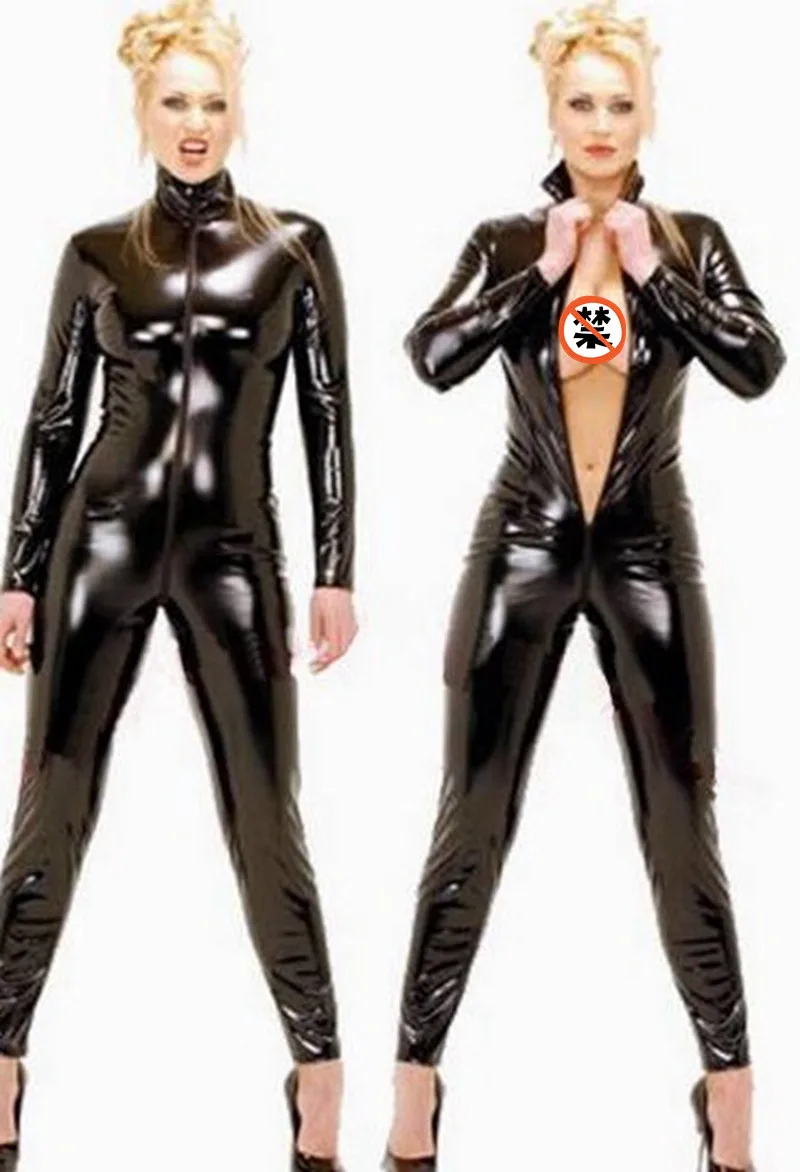  Sexy Wetlook Black Catwomen Jumpsuit PVC Spandex Latex Catsuit Costumes for Women Body Suits Fetish