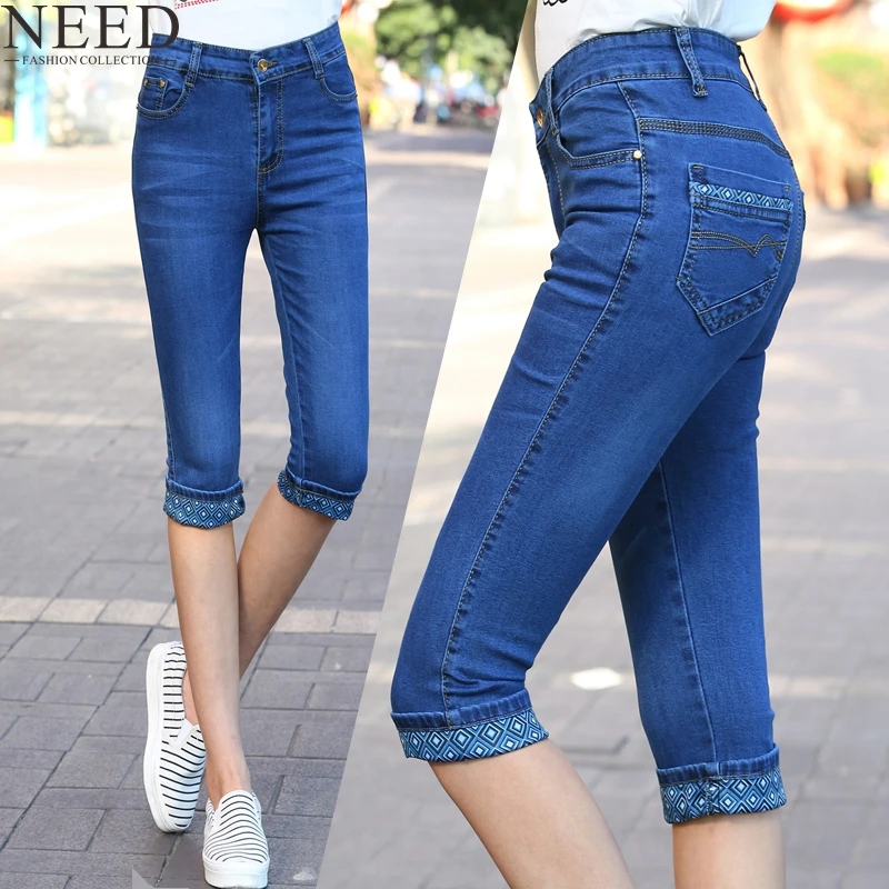 2017 Spring Women Denim Capris Pants High Waist Jeans Woman Knee Length ...