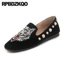 Большой размер замша вышивка черный жемчужный 11 женщин Квадратный носок серый Размер 44 Китайская вышитая обувь 33 12 ручной работы плоские лоферы весенняя осень европейская красивая последние отправка капель Мода