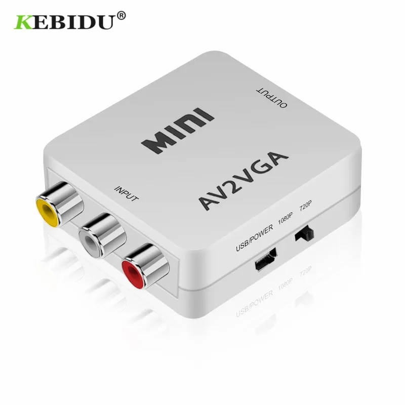 

KEBIDU Mini HD AV2VGA Video Converter Adapter AV RCA CVBS to VGA Video Converter Conversor with 3.5mm Audio to PC HDTV Converter