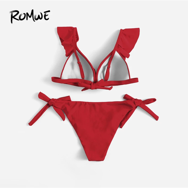 Romwe para deporte rojo sólido de triángulo escotado Top con cuello empate lado Bikini conjunto, Fondo de mujeres Sexy vacaciones en la playa traje de baño
