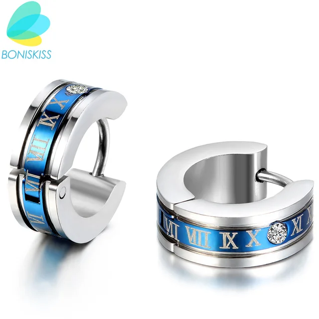 1 Pair Fashion Men S Stainless Steel Earring Roman Numeric Engrave 1 Pair Fashion Men S Stainless Steel Earring Roman Numeric Engrave Hoop For Boys Gold Blue
