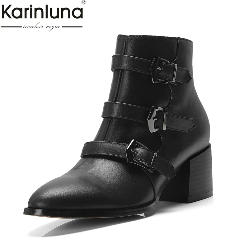 

Karinluna 2019 Large Size 40 brand design genuine leather Boots hot sale square heels buckles women ankle Boots Shoes
