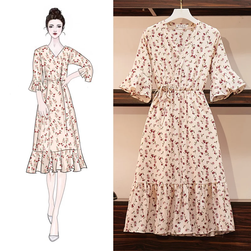 

2019 New Arrival Shudaji Vintage A-line Floral Short Draped Natural V-neck Summer Dresses