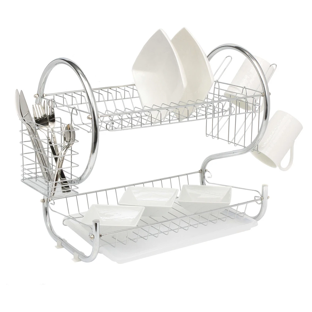 

2 Tiers Dish Drying Rack Holder Basket Plated Iron Home Washing Great Kitchen Sink Dish Drainer Drying Rack Organizer