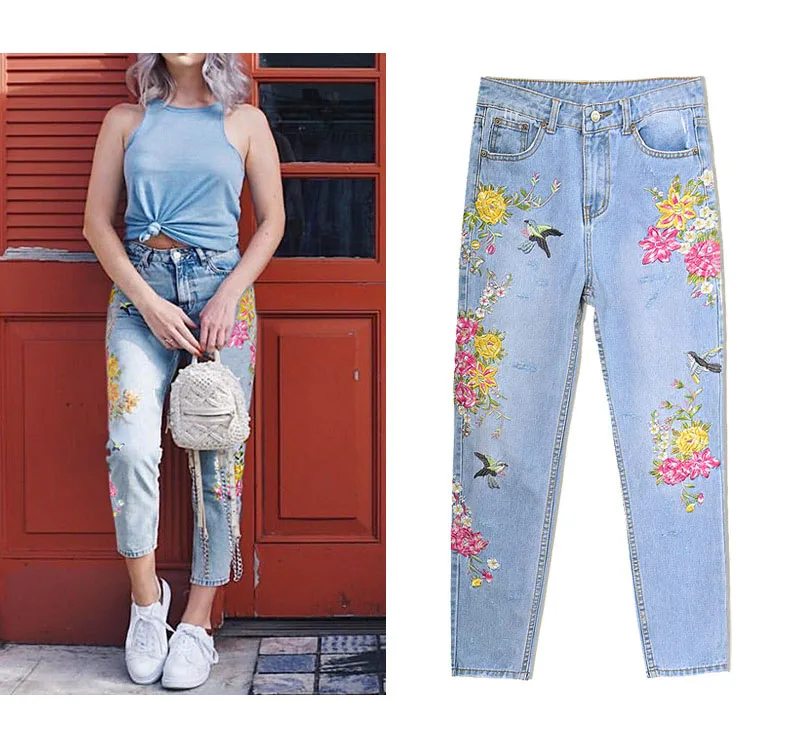 2017 Europe and the United States women's 3D three-dimensional heavy craft bird flowers front and rear side embroidery high waist straight irregular wear jeans (7)