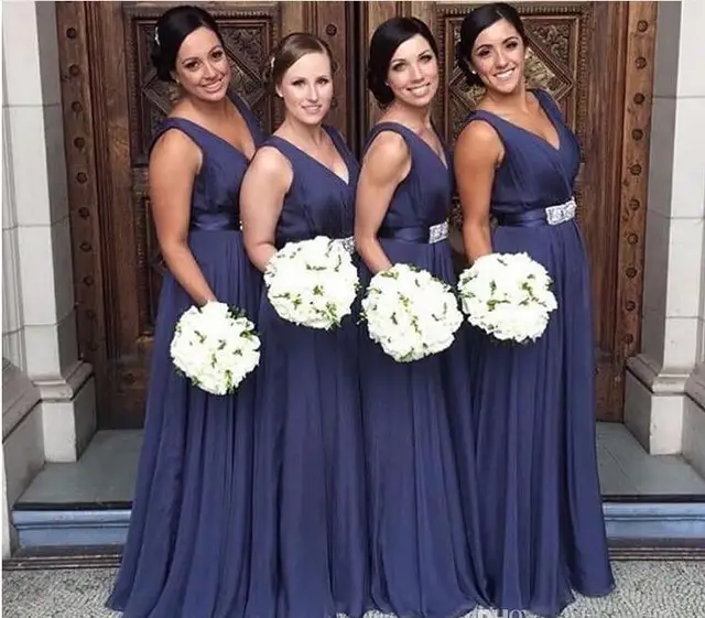 Special Price Navy Blue Bridesmaid Dresses For Western Country Weddings A Line V Neck Chiffon With Belt Long Maid of Honor Gowns Plus Size Special Price Navy Blue Bridesmaid Dresses For Western Country Weddings A Line V Neck Chiffon With Belt Long Maid of Honor Gowns Plus Size