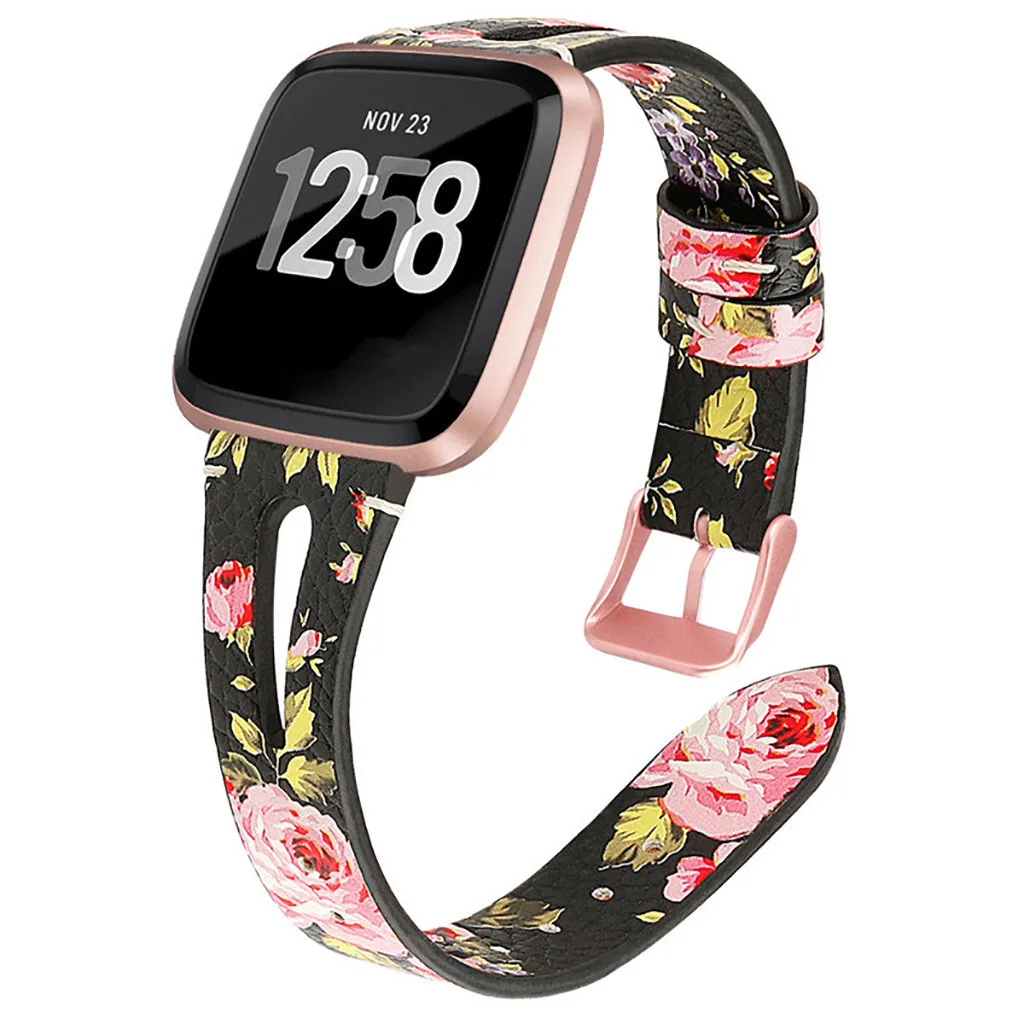 Умные часы Smartband с цветочным принтом, кожаный ремешок для наручных часов+ пленка для часов Fitbit versa Lite, умные часы, ремешки для часов
