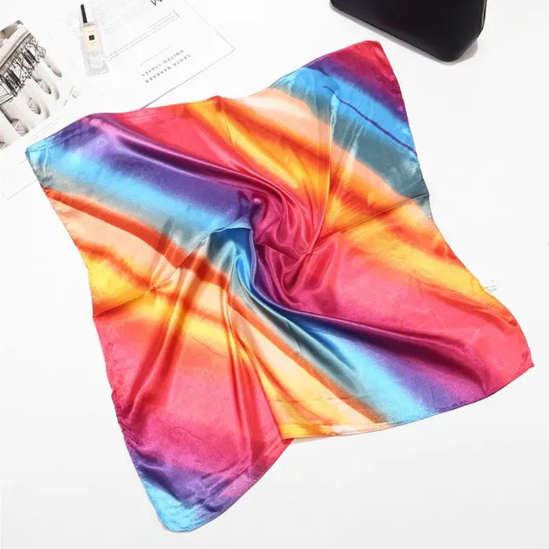 

60x60cm Gradient Rainbow Striped Print Satin Square Scarf Women Imitation Silk Neck Shawl Handbag Bandana Neckerchief Headwrap