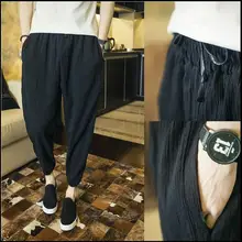 Новые летние мужские льняные повседневные брюки Узкие тонкие дышащие шаровары свободные широкие штаны мода певица костюмы