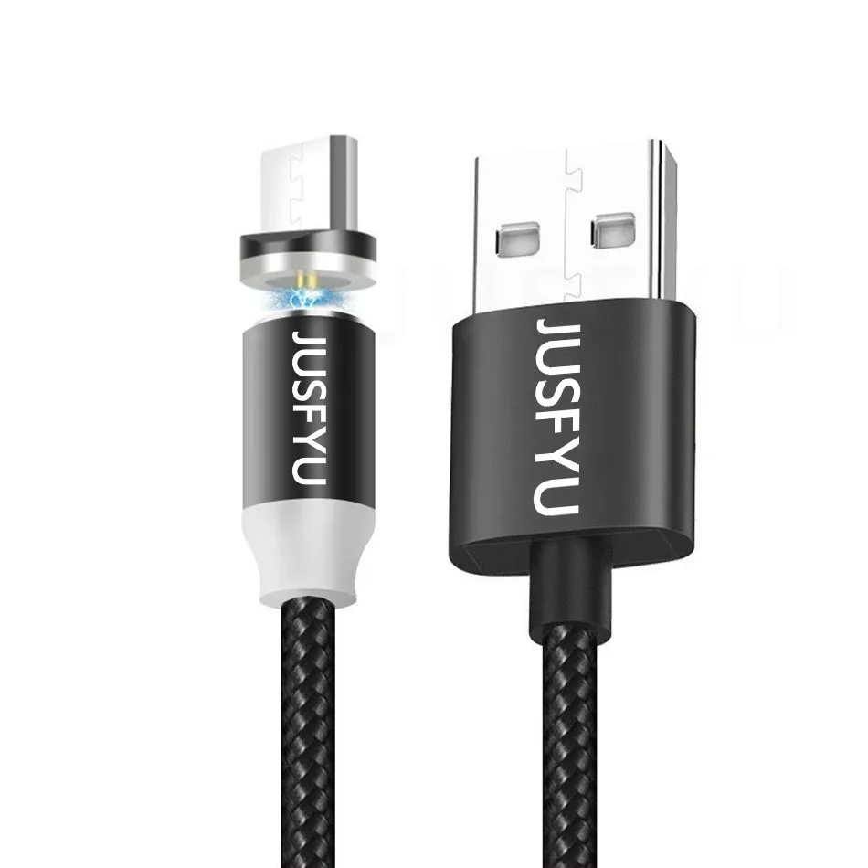 Магнитный кабель JUSFYU с нейлоновой оплеткой, магнитный кабель Micro USB для Huawei, Кабель зарядного устройства для Xiaomi, Samsung, Android, мобильного телефона - Тип штекера: Black Cable and Plug