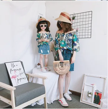 

Spring Summer New Fashion Shoulderless T Shirt Mother and Daughter Clothes Holiday Costumes Flowers Printed Top Tees for Girls