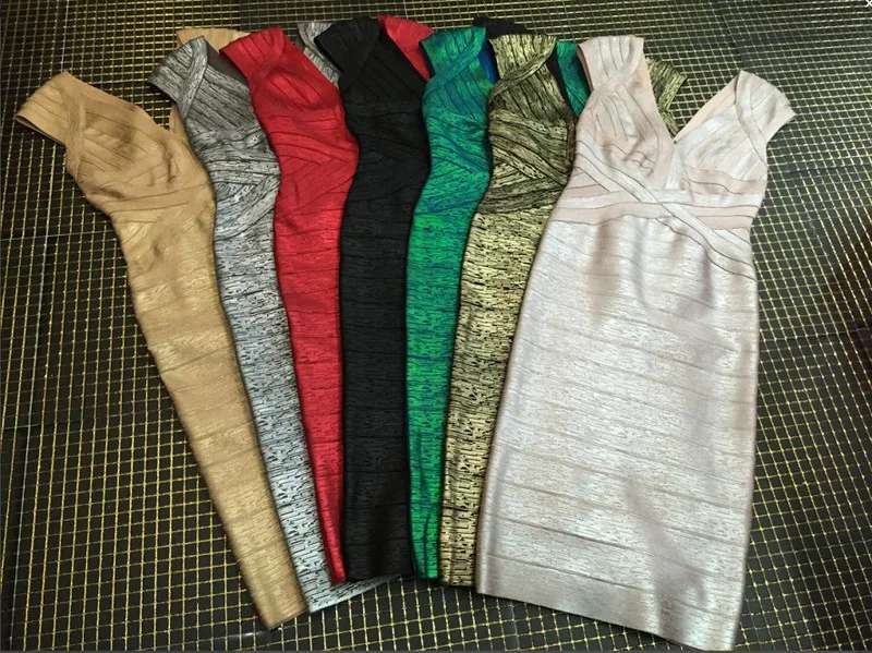 

Brand New Fashion Solid Nude Sexy V Neck Knee Length Bronzing Rayon Bodycon HL Bandage Dress Elegant Knitted Designer Dress