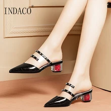 Slides Women Summer Shoes Pointed Toe Leather Slippers Thick Heel Fashion Rivets Transparent Slippers цена Slides Women Summer Shoes Pointed Toe Leather Slippers Thick Heel Fashion Rivets Transparent Slippers цены онлайн