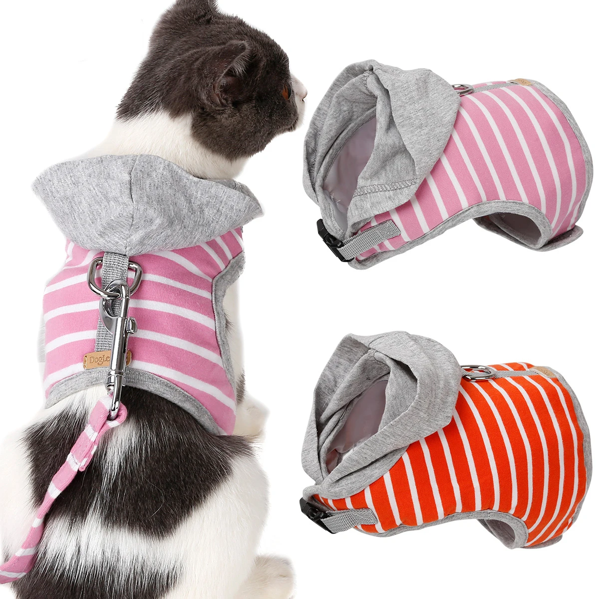 

Hoomall Leash Small Dogs Harnesses Vest Hoodies With Hat Striped Puppies Chest Strap Adjustable Soft Cloth Cat Kitten Harness