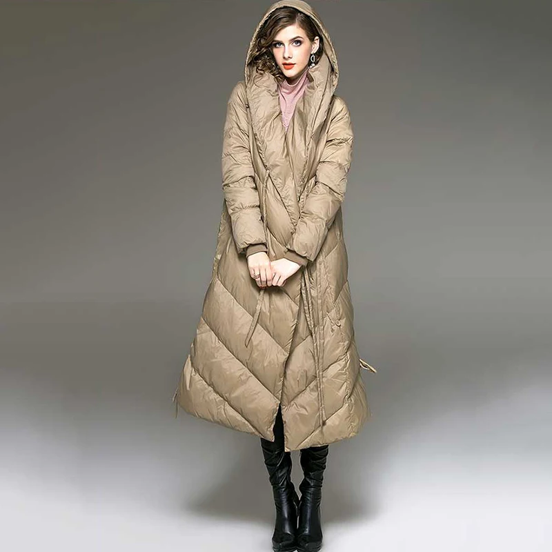 Clearance Autumn Winter New Ultra long Down Jacket Women Warm Hooded parkas Fashion Belt Female Elegant Casual Champagne Outwear Coat N681 2