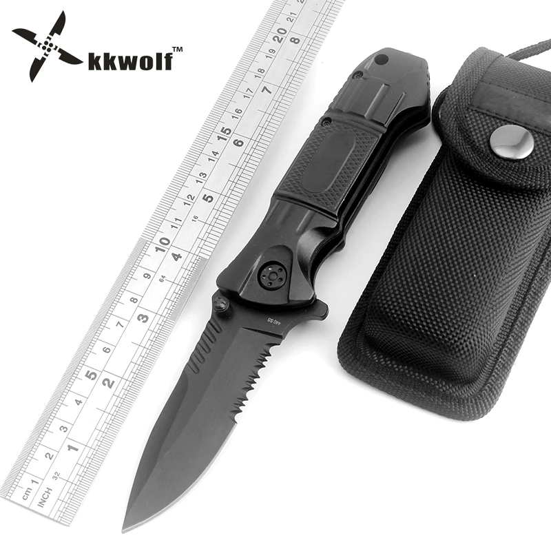 KKWOLF Black Folding Knife 440C Steel Half Serrated Blade Tactical