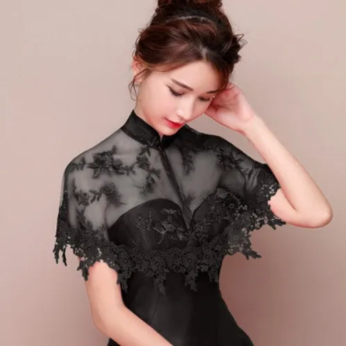 Cheongsam с высоким горлом, черный, красный, цвета слоновой кости, свадебное платье, женская шаль, накидка, болеро, кружевная, вечерняя, свадебная накидка, накидка - Цвет: Черный