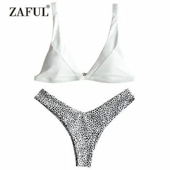 

ZAFUL BIkini Sexy High Cut Leopard Thong Bikini Set Women's Swimsuit Straps Swimwear Padded Brazilian Biquni V-Neck SwimmingSuit