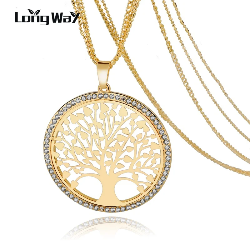Длинное женское ожерелье LongWay Tree Of Life золотого цвета, винтажное Кристальное многослойное ожерелье с подвеской, Женские Ювелирные изделия Sne160124