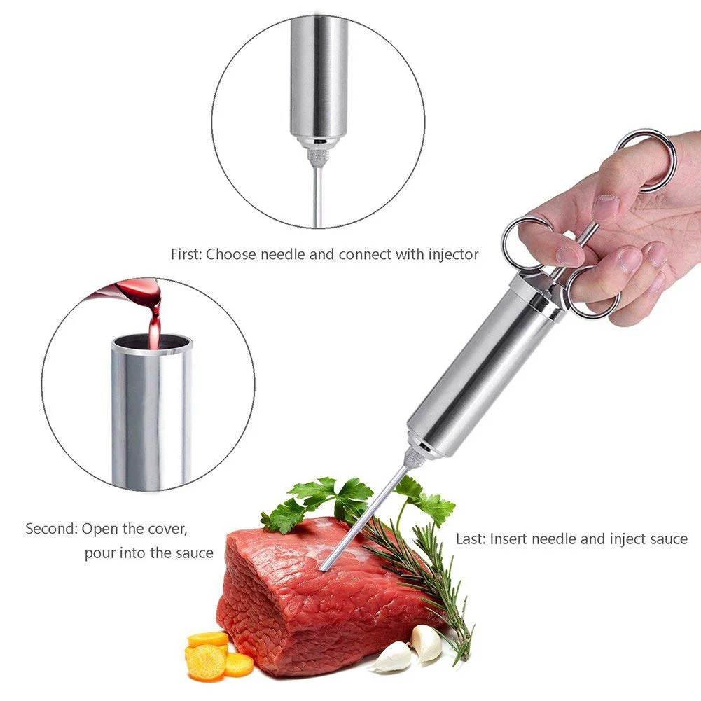 Stainless Steel Turkey Meat Marinade Seasoning Injector 3 Needles Grill BBQ