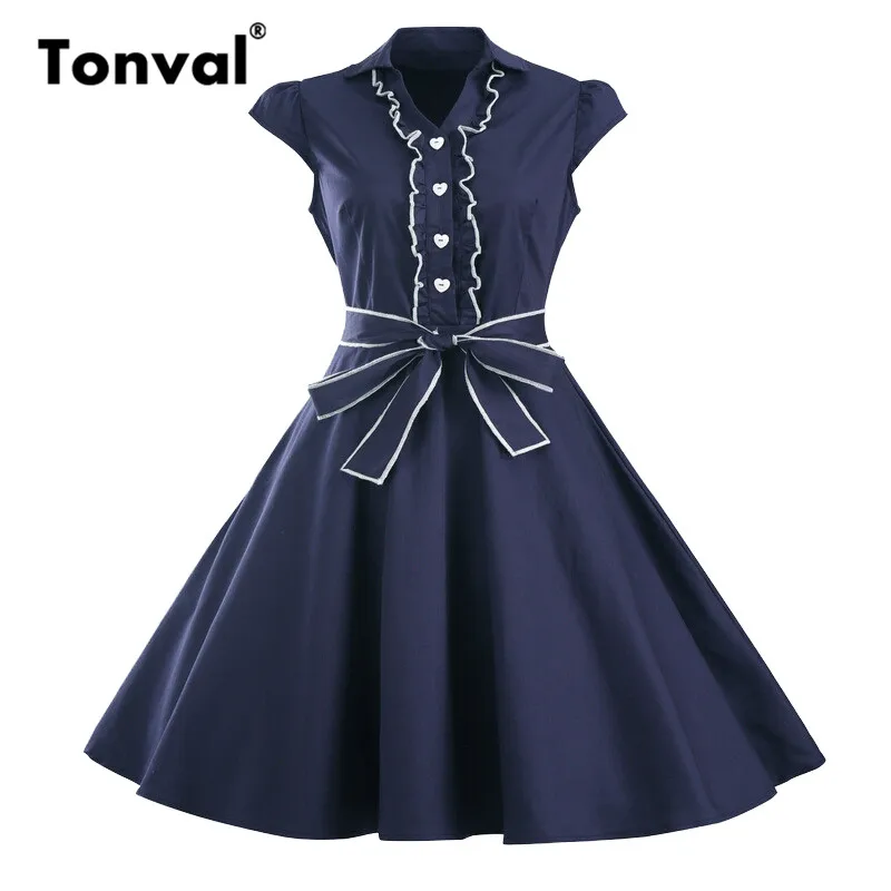 

Tonval Women Hepburn Style 1950S Button Up Ruffle Dress Vintage V Neck Summer Cap Sleeve Retro Elegant Belted Dresses