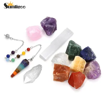 

Sunligoo 7 Chakra Raw Crystal Stones Rough Amethyst Rose Quartz Clear Quartz Chakra Crystal Pendulum Dowsing Selenite Crystal St