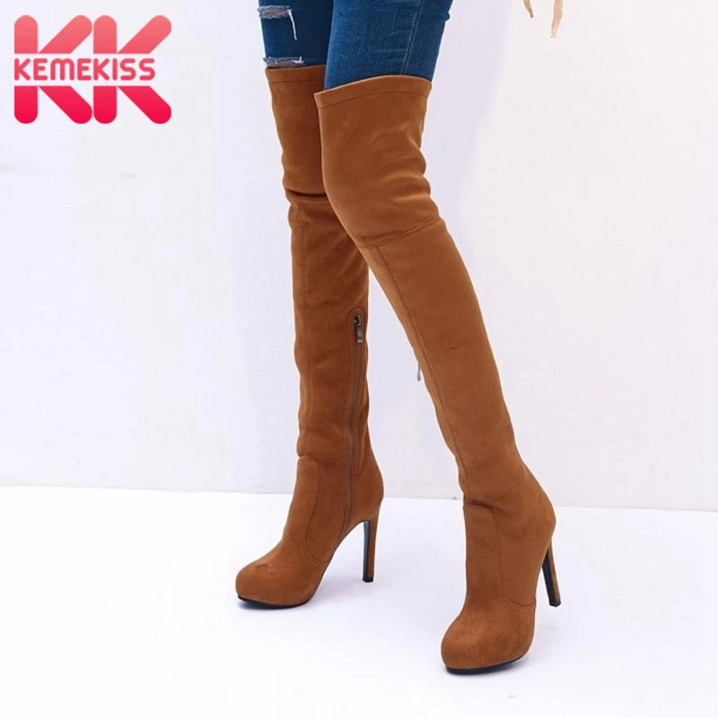 

KemeKiss Office Lady High Heel Boots Zipper Slim Thigh High Shoes Winter Warm Stretch Boots Over Knee Footwear Size 34-43