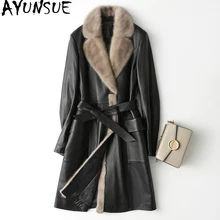 AYUNSUE Новая женская зимняя куртка из натуральной кожи с воротником из натурального меха норки, пальто из овчины, женский пуховик, длинная куртка, KJ706