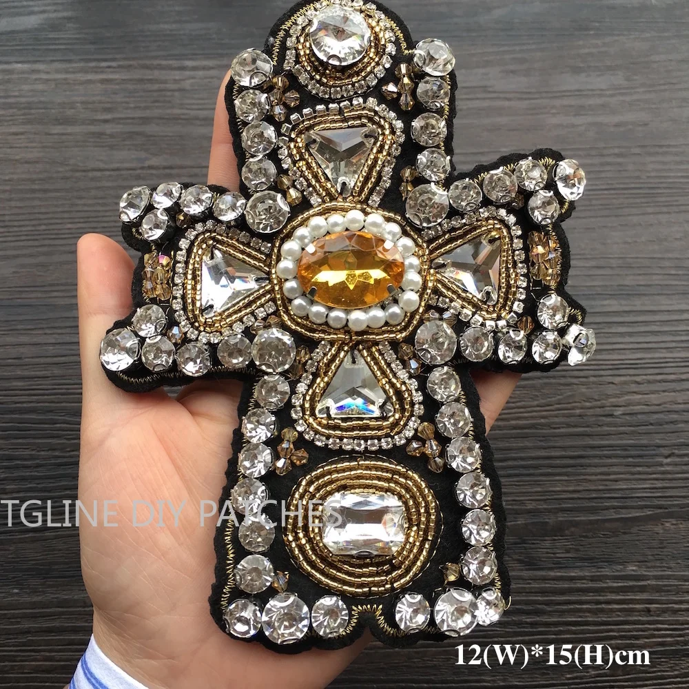 

1Pcs Handmade Rhinestone Beaded Patches Cross Sew on Beaded Patch Applique for Clothing LSHB662