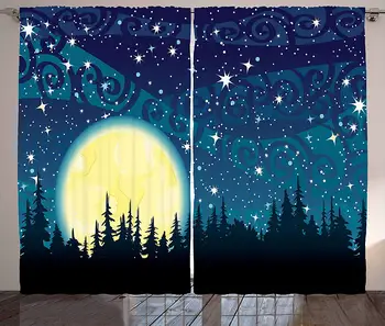 

Starry Night Curtains Full Moon Over The Forest Sky with Stars Dots and Swirls Background Living Room Bedroom Window Drapes